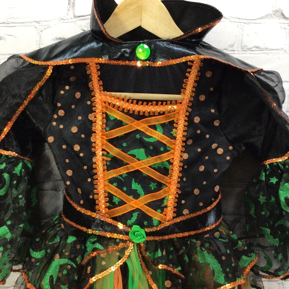 Teetot Witch Costume Girls Sz 5-6 Green Orange With Stockings‎ and Cape